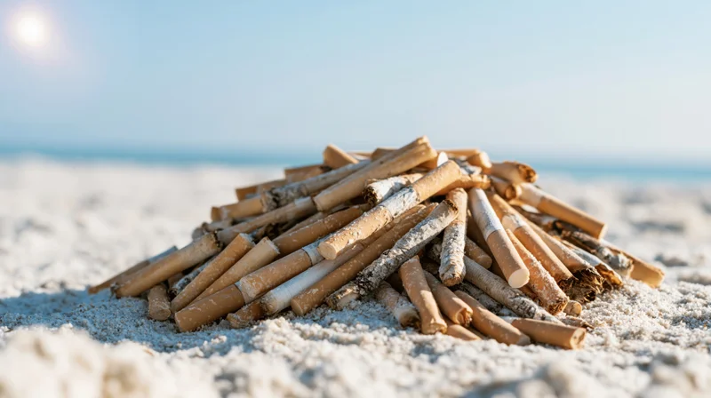 Pile of dozens of discarded cigarette butts heaped on pale sand