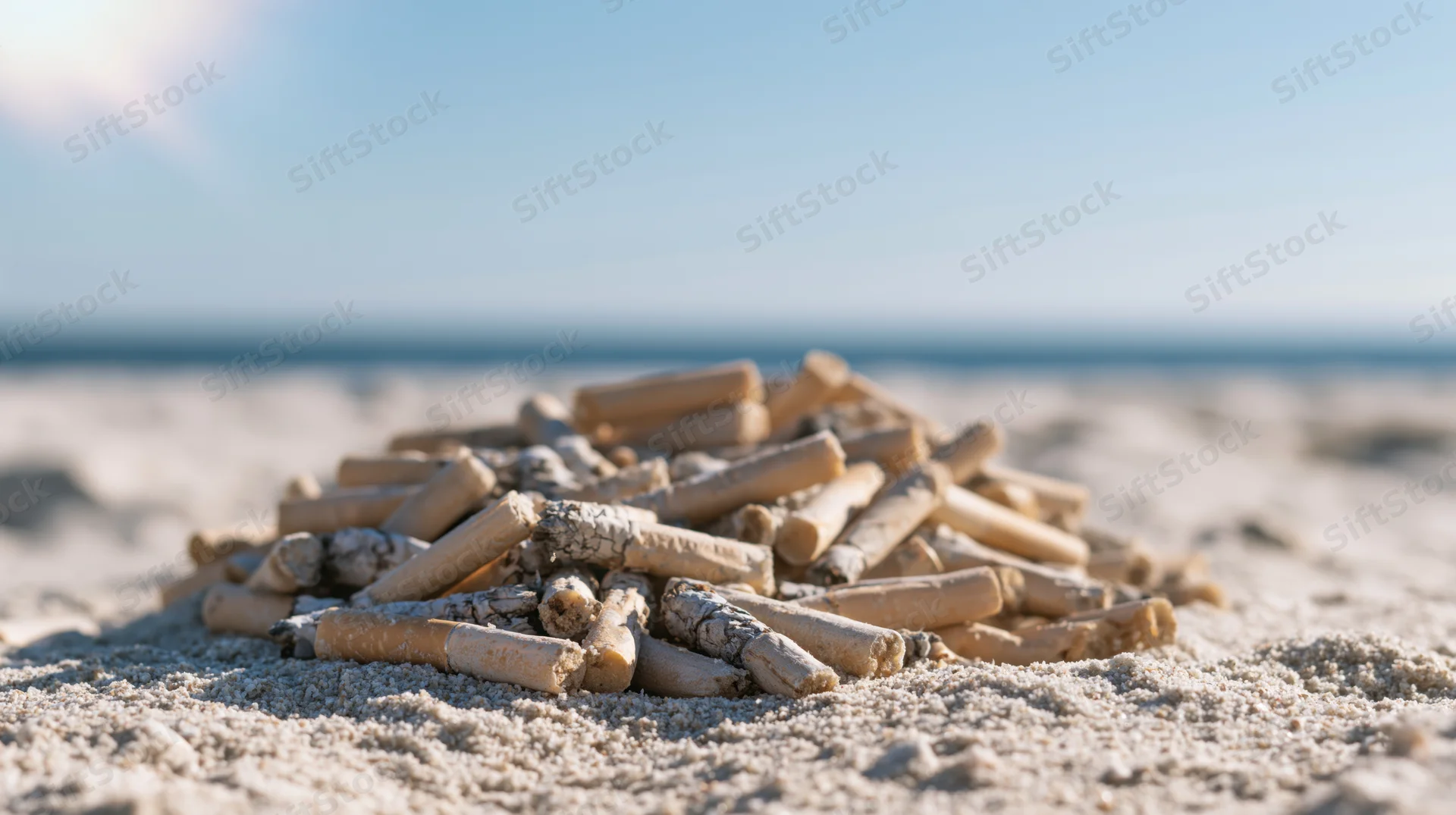 Pile of discarded cigarette butts on sandy beach near ocean