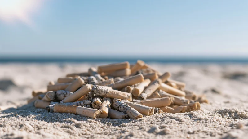 Pile of discarded cigarette butts on sandy beach near ocean