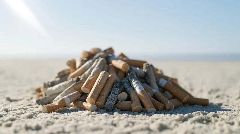 Pile of discarded cigarette butts on sandy beach under bright sunlight