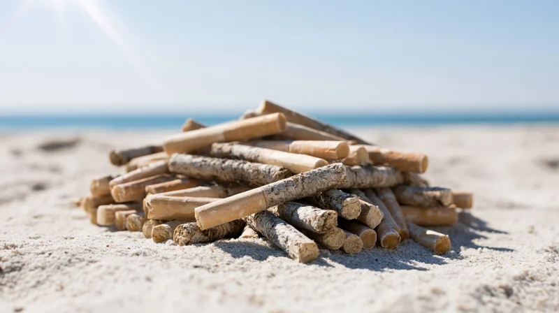 Pile of discarded cigarette butts on sandy beach near ocean under bright sun