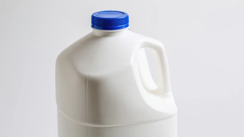 White plastic milk jug with blue screw cap and handle on plain background