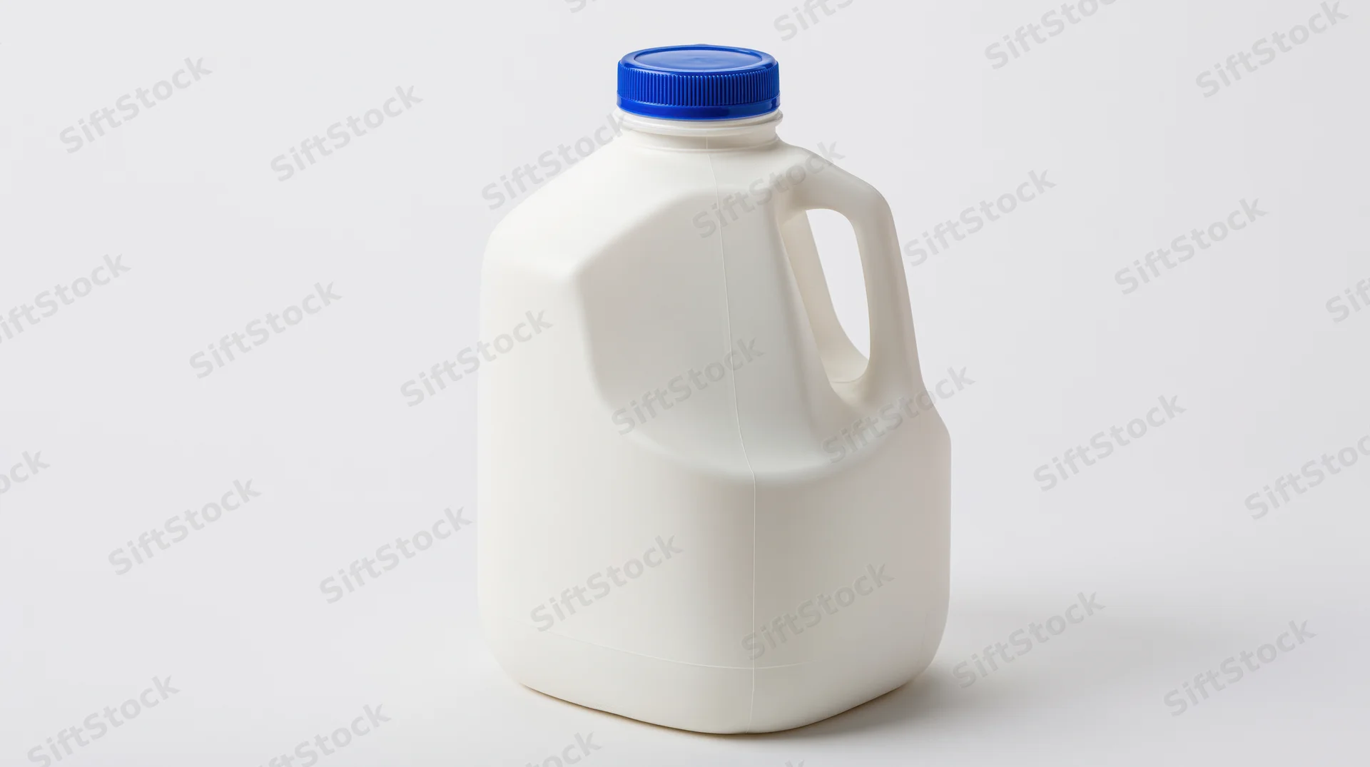 White plastic milk jug with blue cap on plain white background