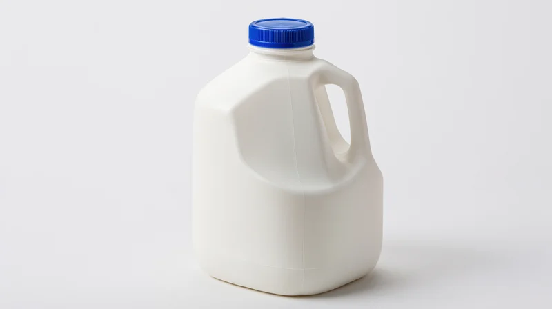 White plastic milk jug with blue cap on plain white background