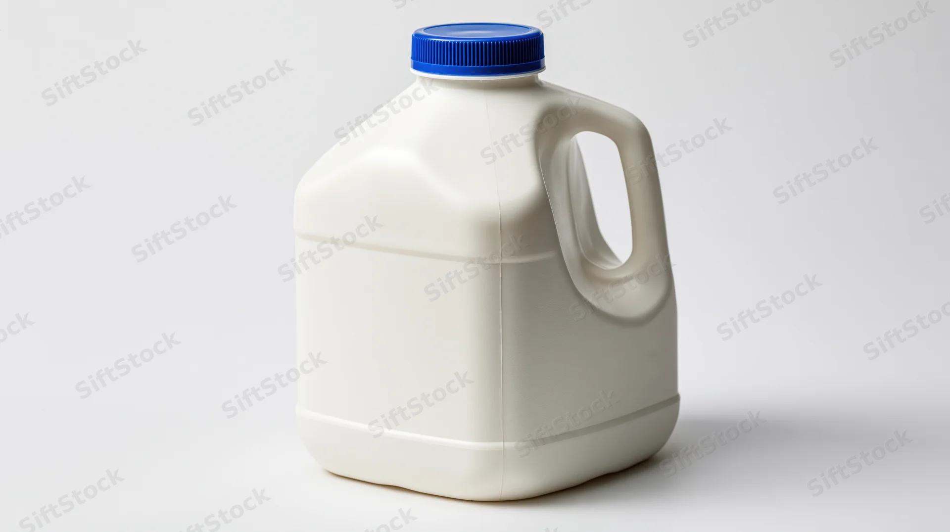 White plastic milk jug with blue cap and handle on plain white background
