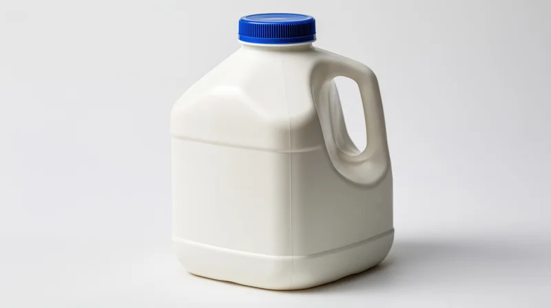 White plastic milk jug with blue cap and handle on plain white background