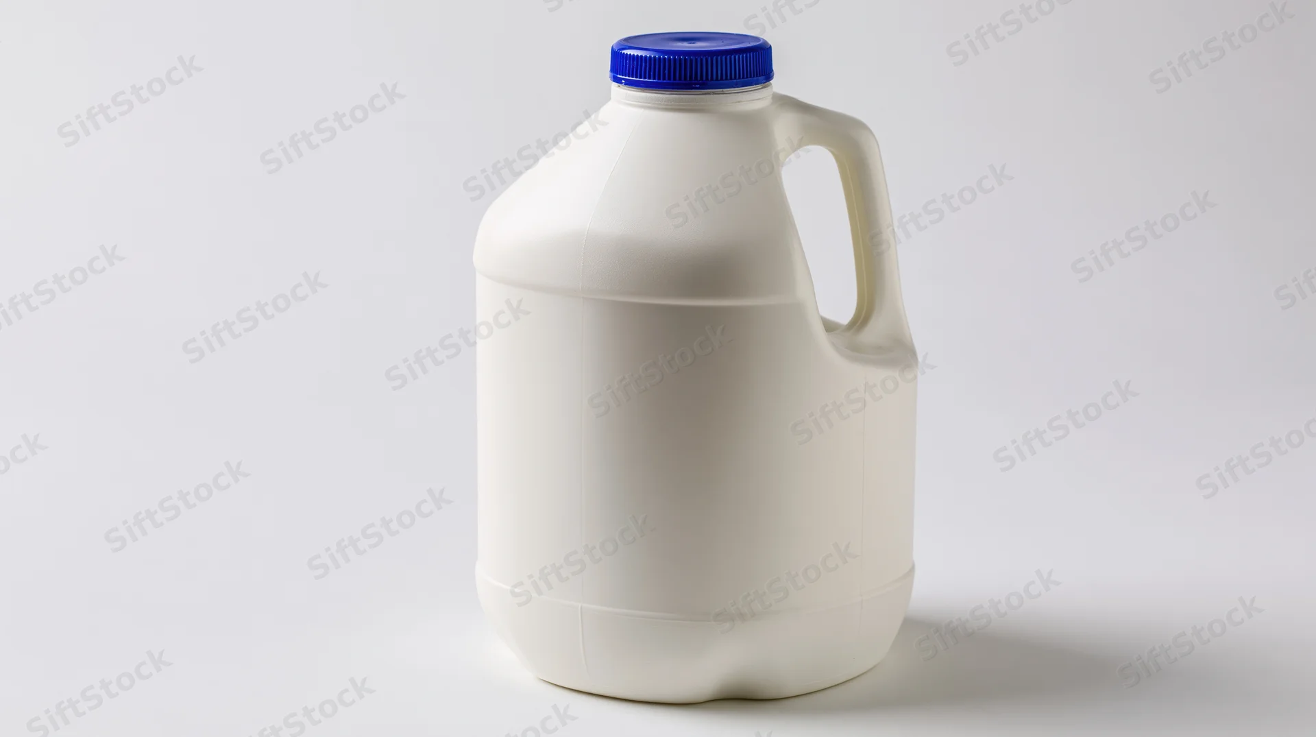 White plastic milk jug with blue cap on plain background