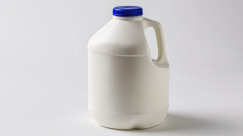 White plastic milk jug with blue cap on plain background
