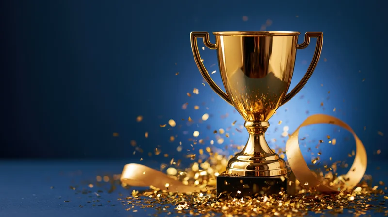 Golden trophy with confetti and ribbon on blue background