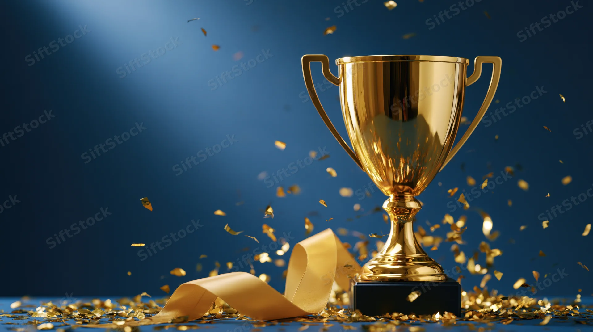 Golden trophy with ribbon and falling confetti on blue background
