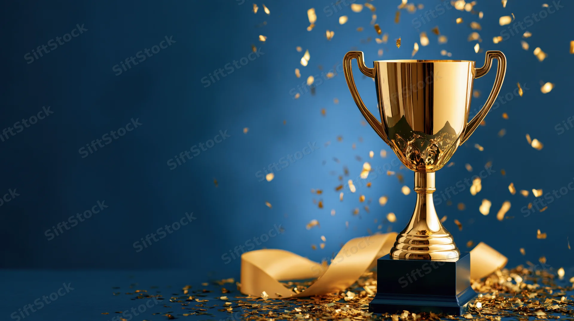 Golden trophy with falling confetti and ribbon on dark blue surface