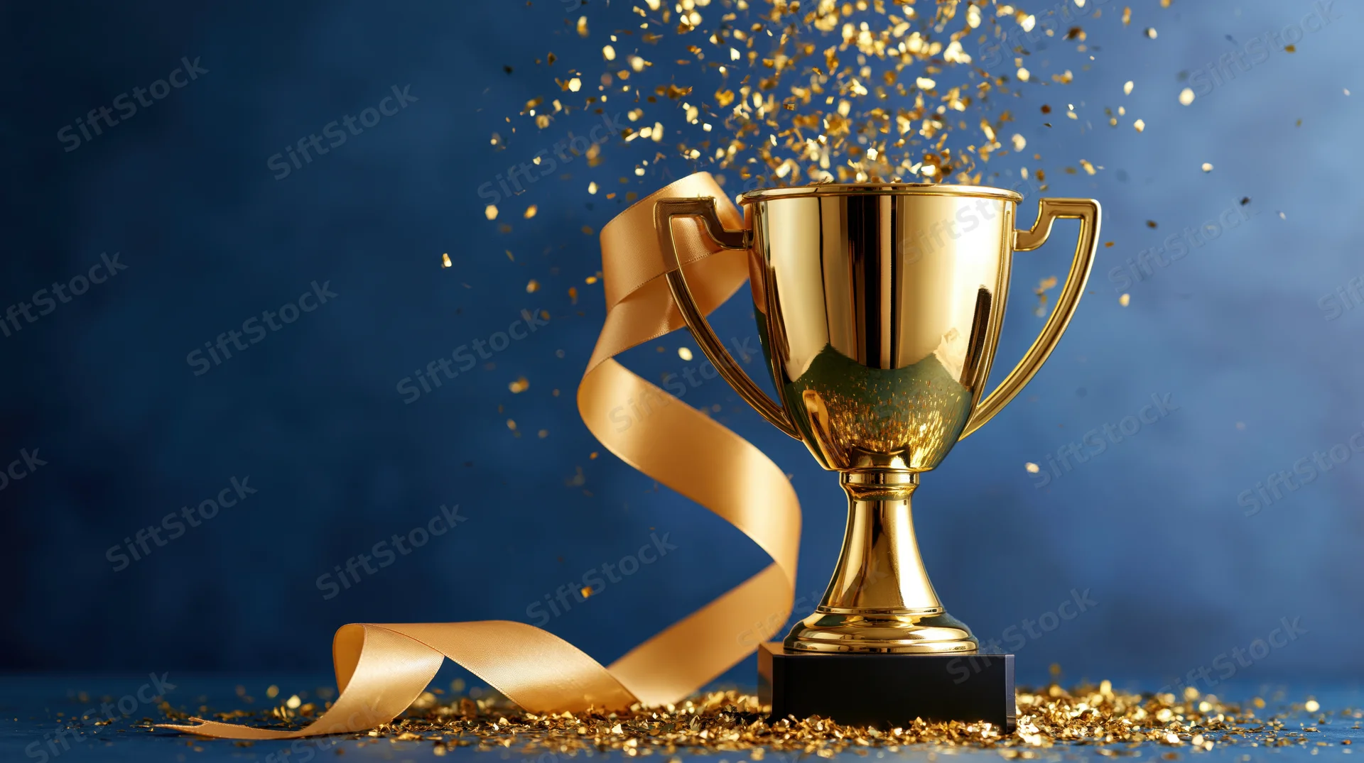 Golden trophy with ribbon and falling confetti on dark blue background