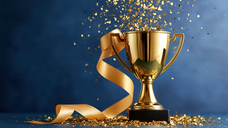 Golden trophy with ribbon and falling confetti on dark blue background