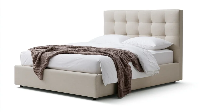 Queen-sized upholstered bed with tall tufted headboard and white bedding, isolated on white background