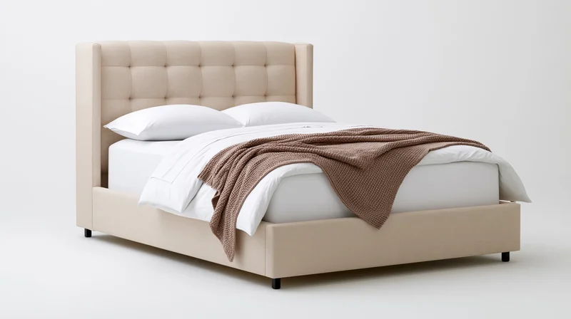 Queen-sized upholstered bed with tall tufted headboard and white bedding on plain background