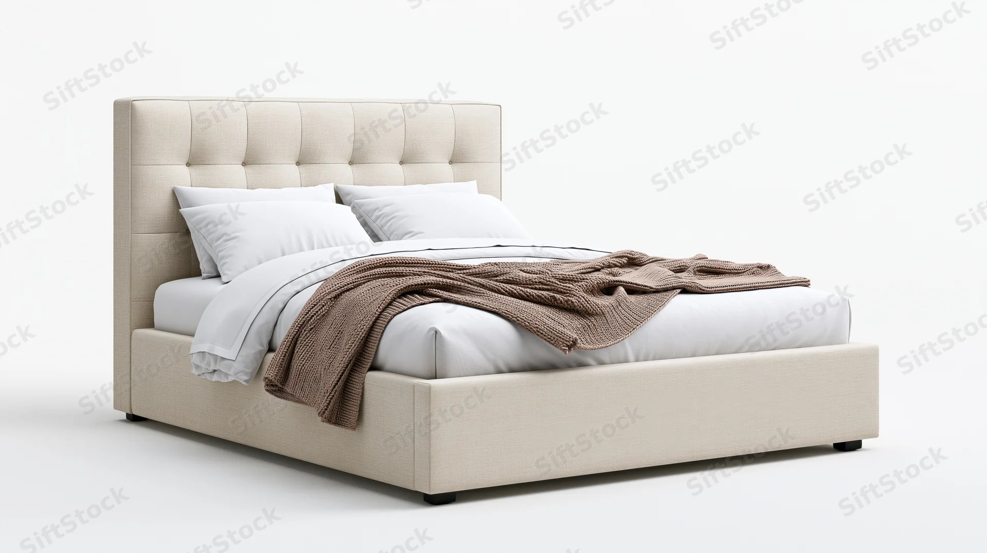 Queen-sized upholstered bed with tall tufted headboard and white bedding on plain white background