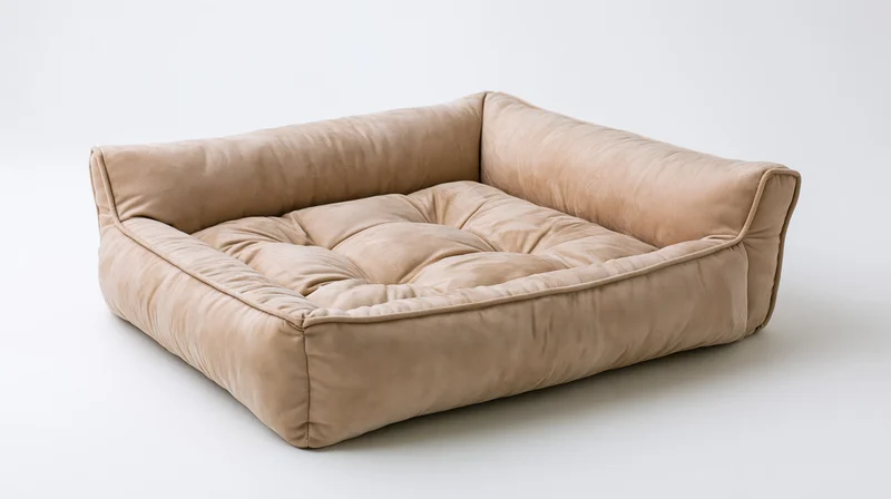 Rectangular plush pet bed with tufted cushion interior on white background