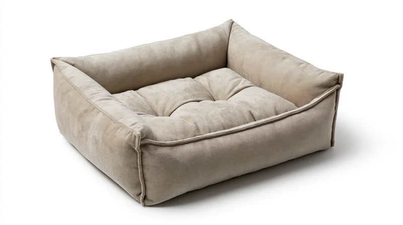 Rectangular plush pet bed with tufted cushion interior on white background