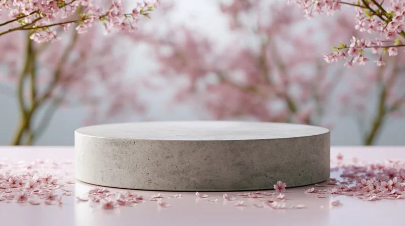 Round concrete pedestal on reflective surface surrounded by cherry blossoms and petals in spring setting
