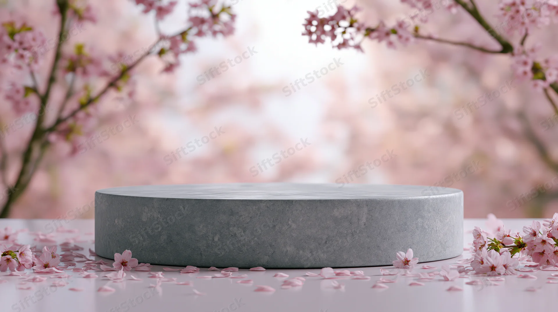 Round concrete pedestal on reflective surface surrounded by cherry blossoms and petals in spring setting