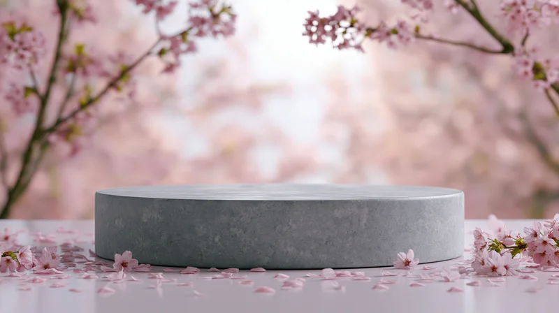 Round concrete pedestal on reflective surface surrounded by cherry blossoms and petals in spring setting