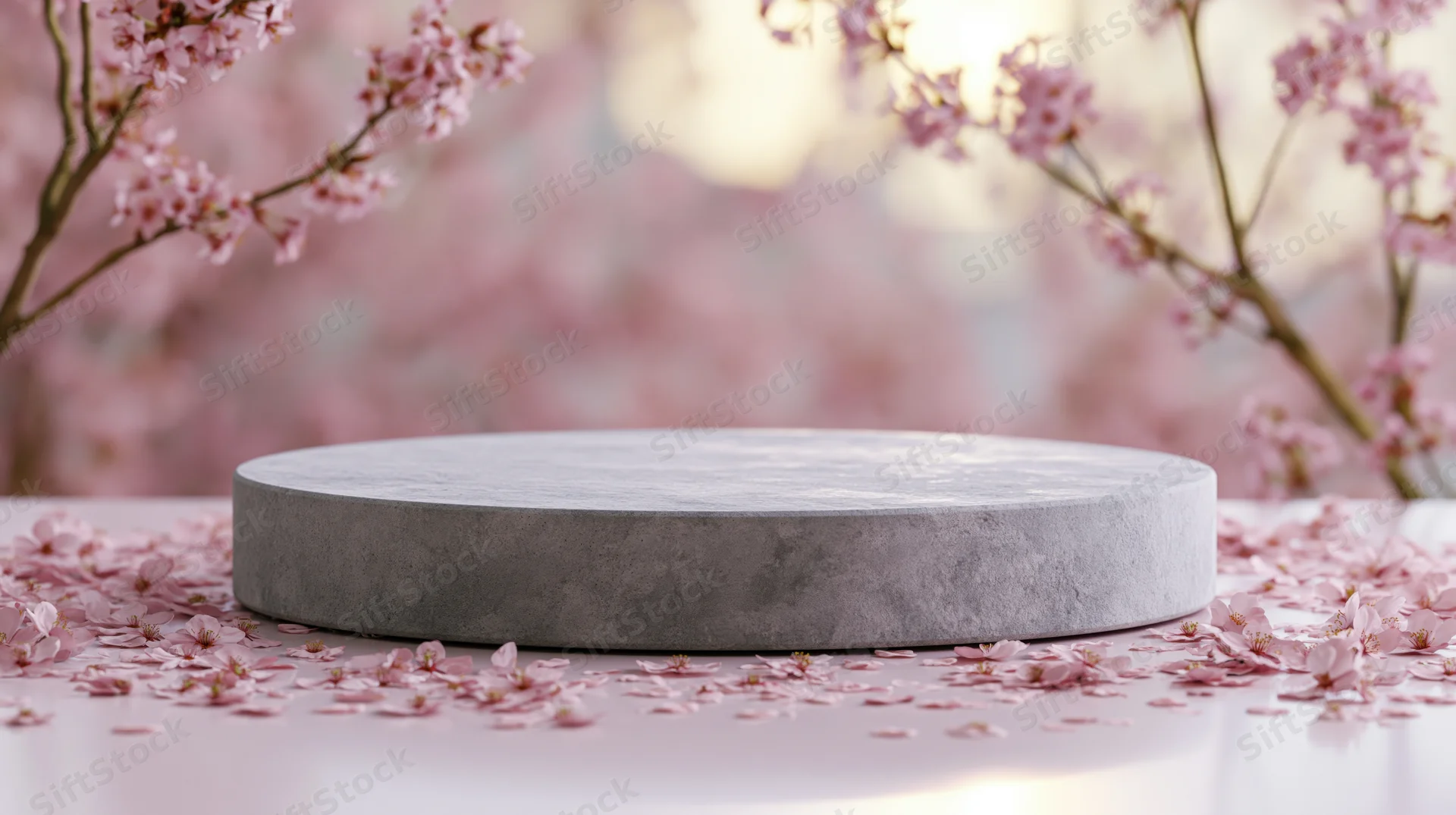 Round concrete pedestal on reflective surface surrounded by cherry blossoms and petals in spring garden