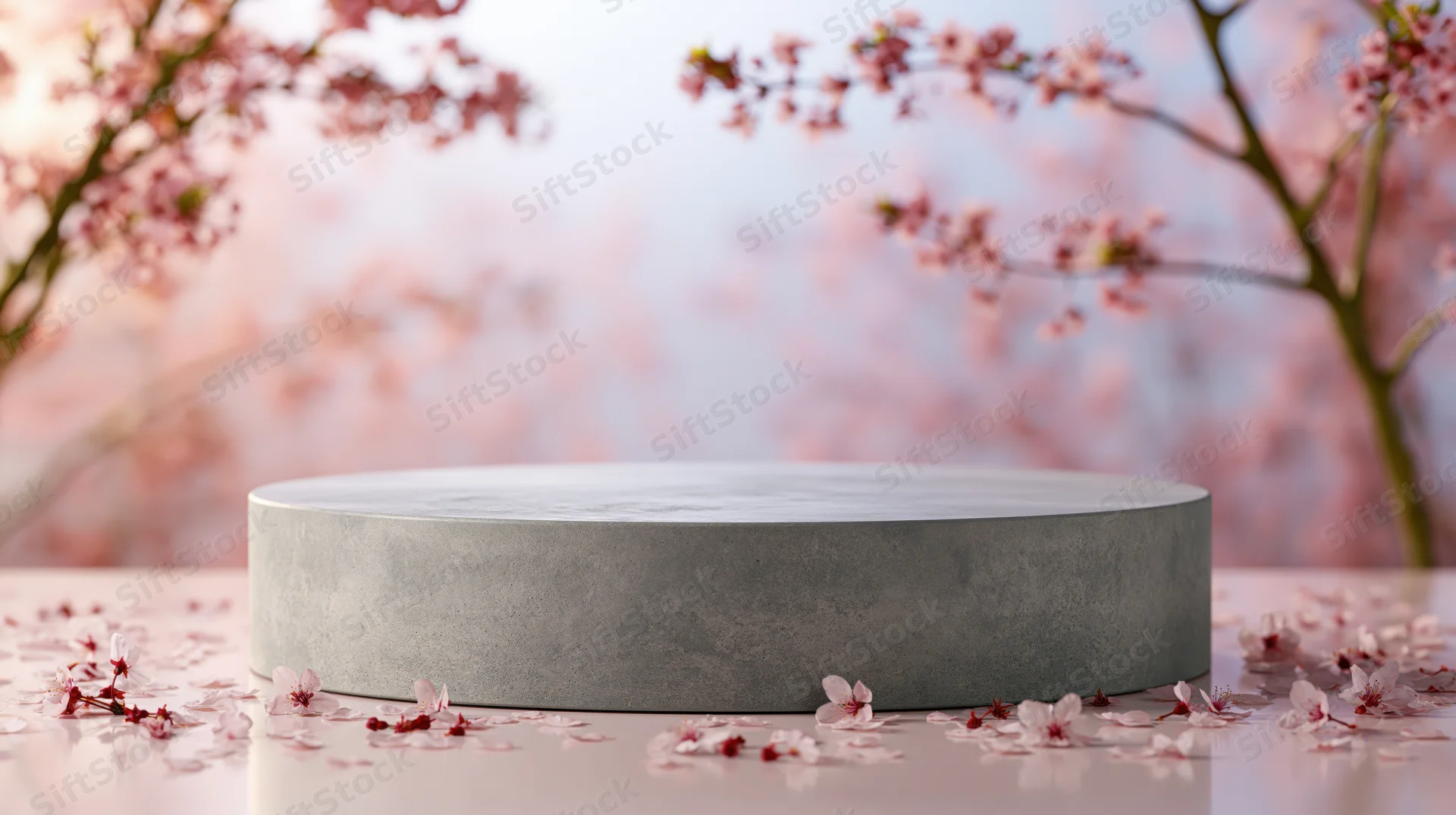 Round concrete pedestal on reflective surface surrounded by cherry blossoms in spring