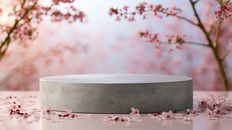 Round concrete pedestal on reflective surface surrounded by cherry blossoms in spring