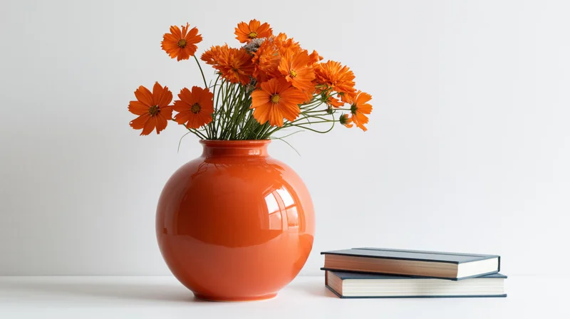 Orange ceramic vase with cosmos flowers and stacked books on white surface