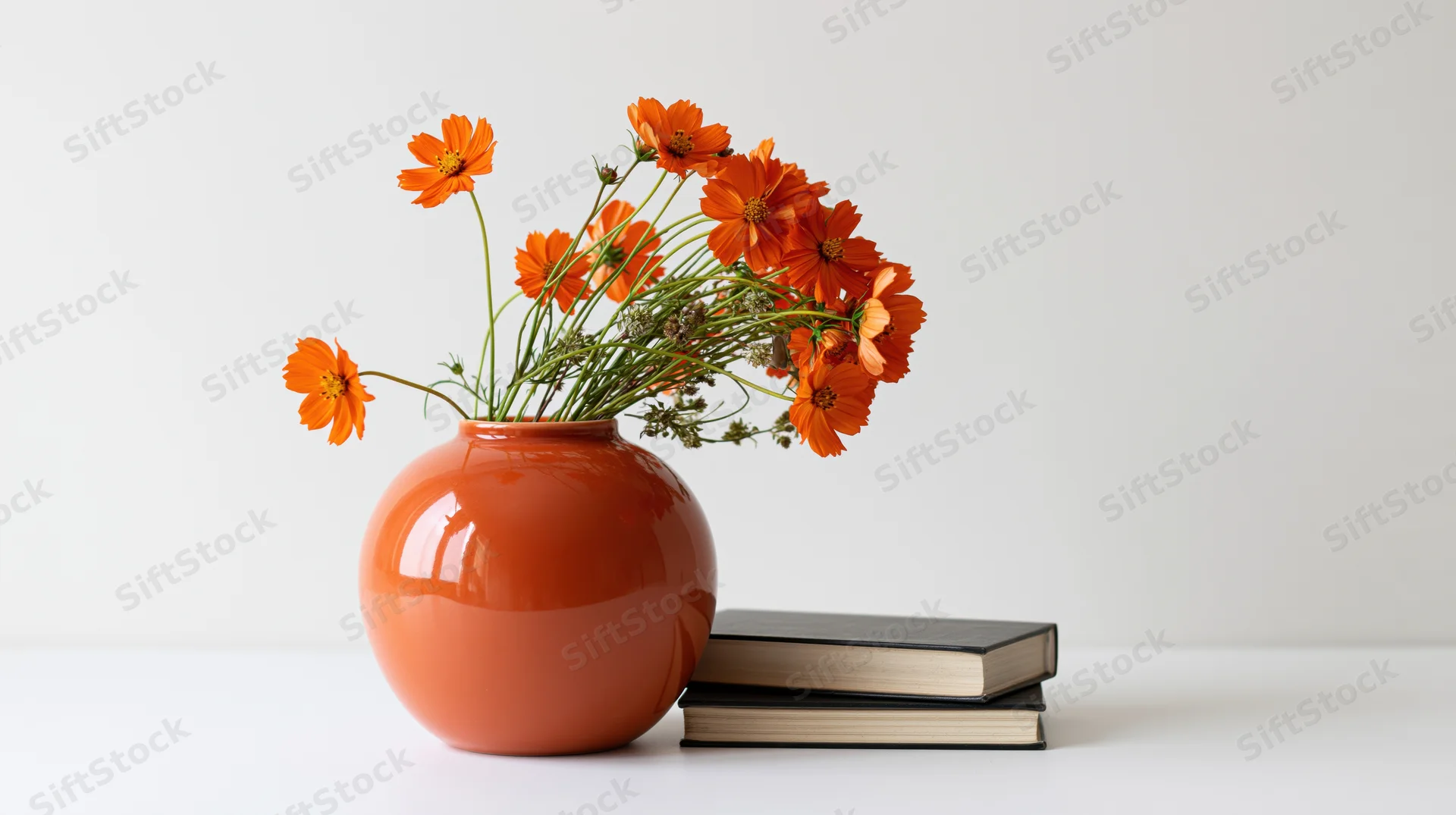 Orange ceramic vase with cosmos flowers beside a stack of black books on white surface