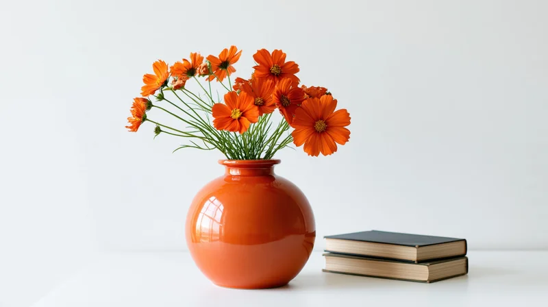 Orange ceramic vase with cosmos flowers and stacked books on white surface