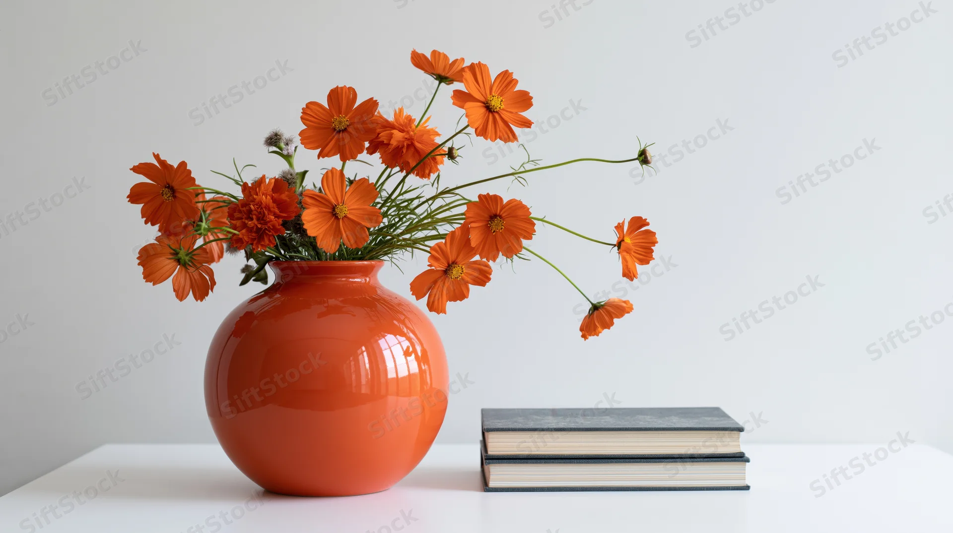 Orange ceramic vase with cosmos flowers and stacked books on white table
