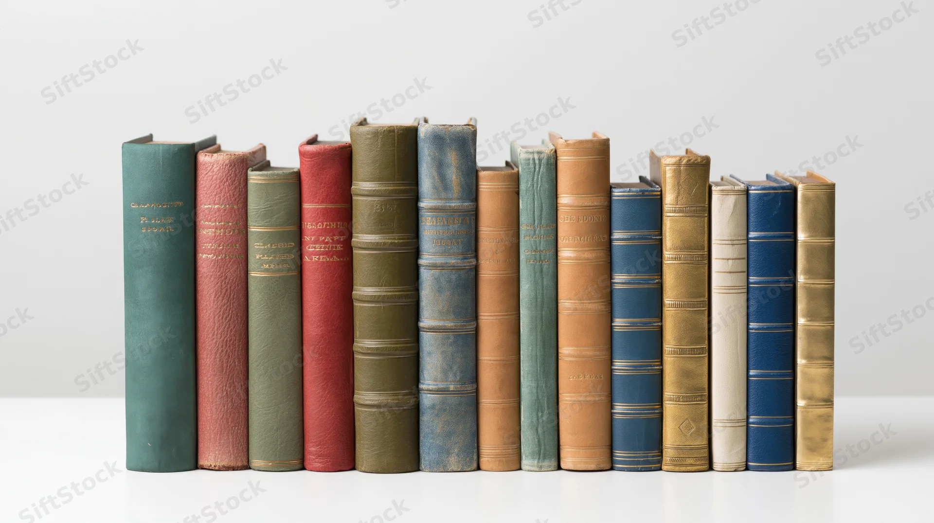 Row of vintage hardcover books standing upright on white surface