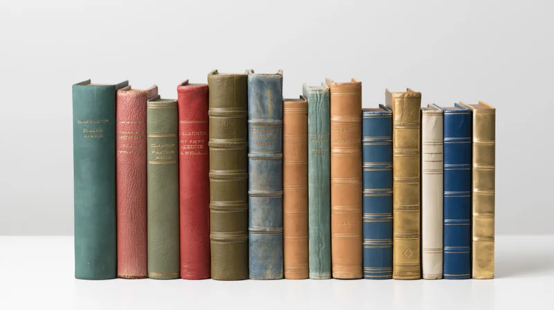 Row of vintage hardcover books standing upright on white surface