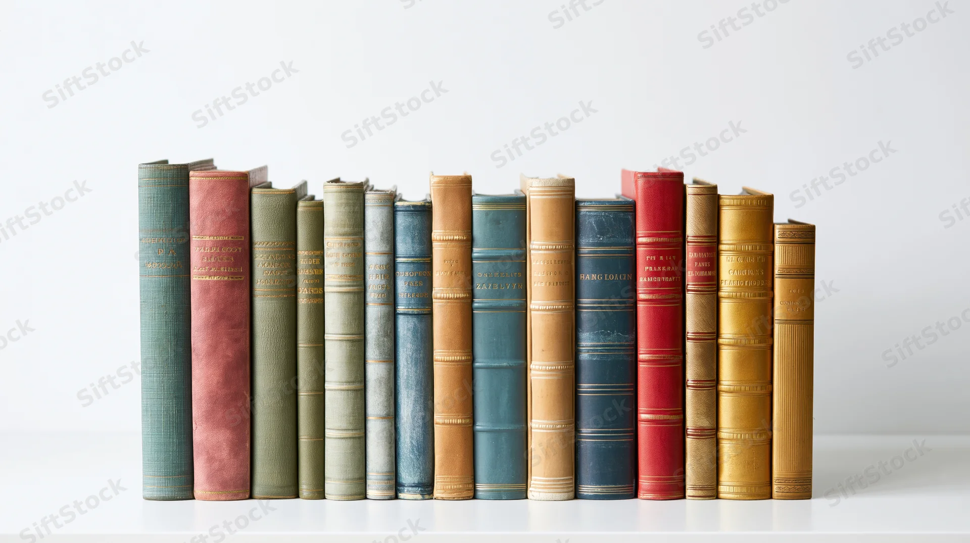 Row of vintage hardcover books standing on a white surface
