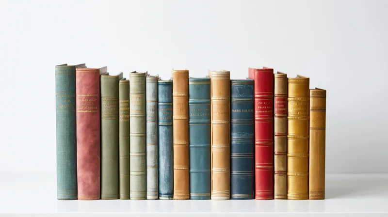 Row of vintage hardcover books standing on a white surface