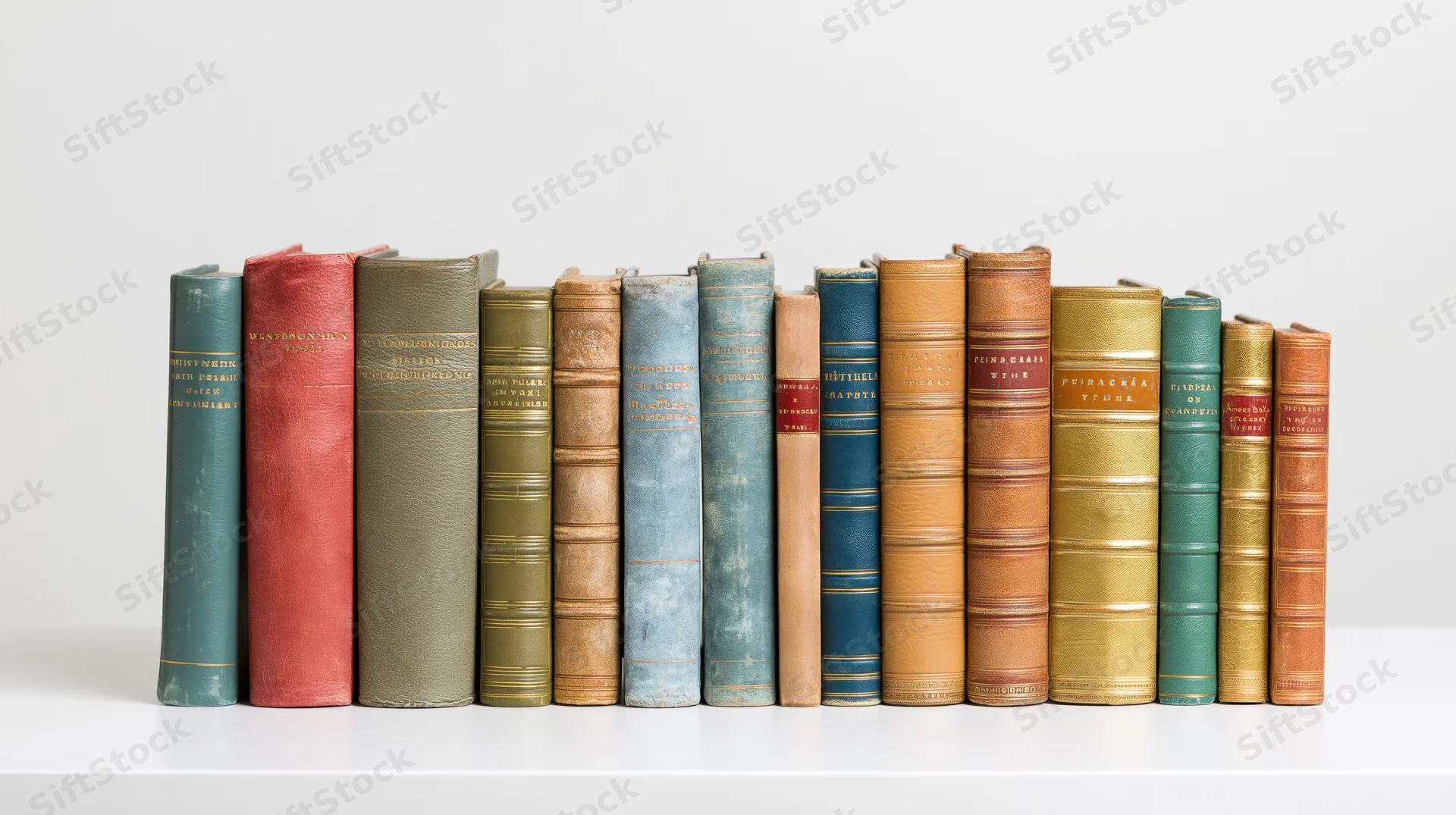 Row of vintage hardcover books standing on white shelf