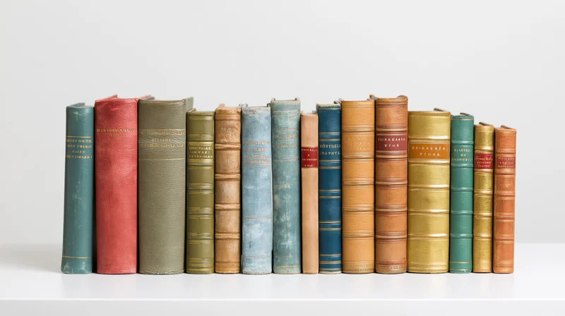 Row of vintage hardcover books standing on white shelf