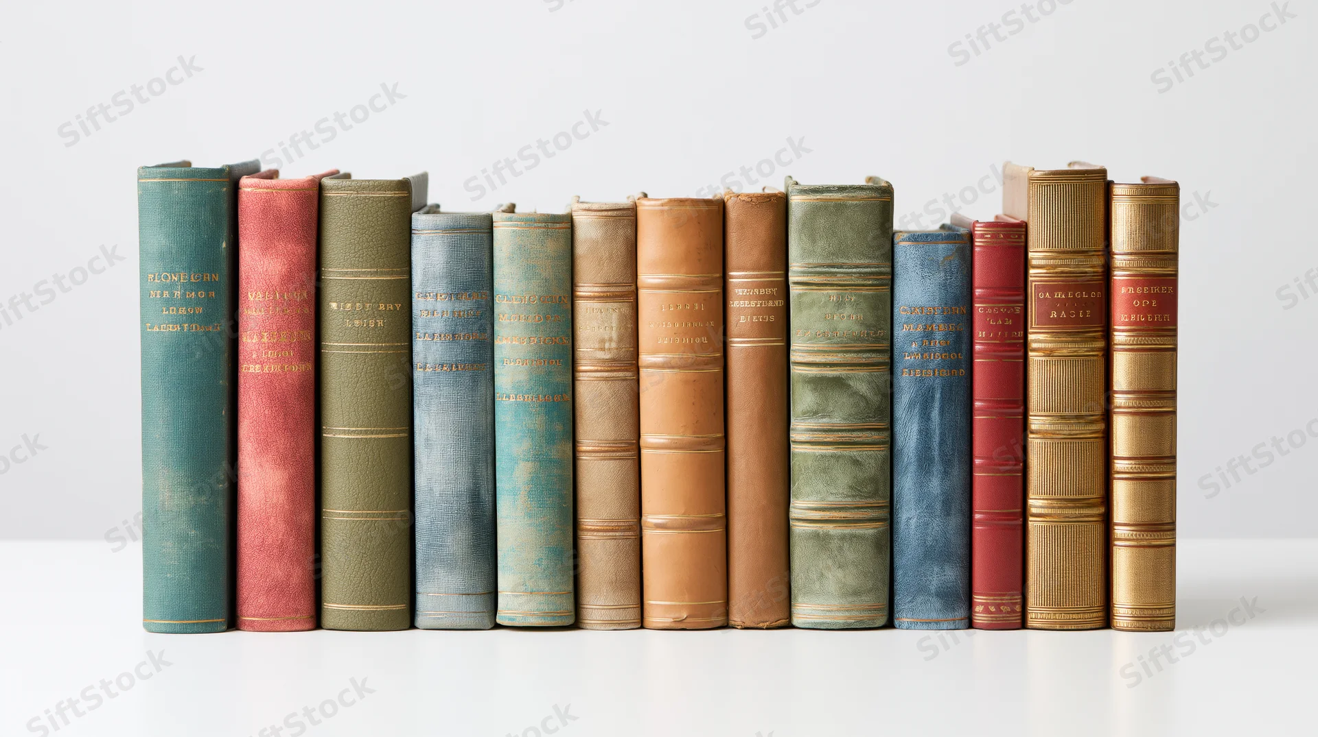 Row of vintage hardcover books standing upright on white surface