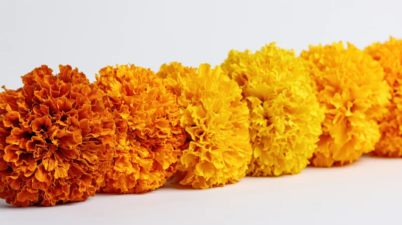 Row of marigold flower heads arranged in a line on white background