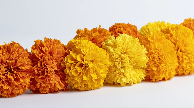 Row of marigold flower heads arranged in a line on white surface