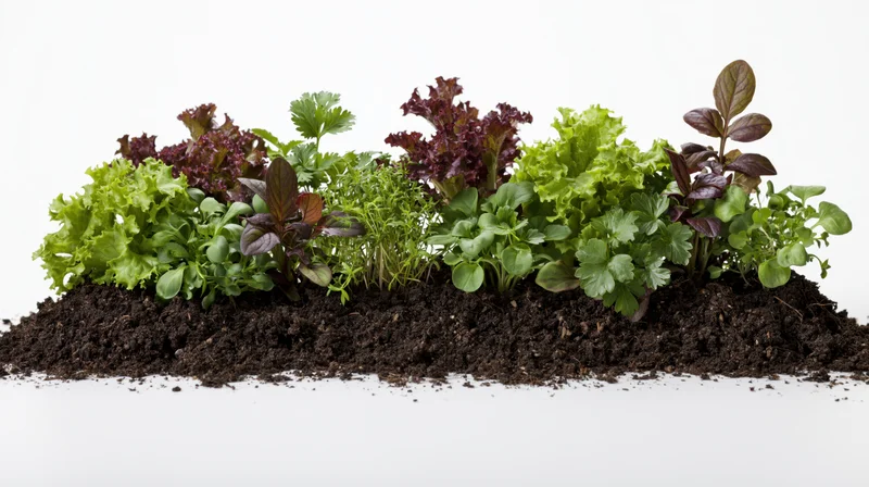 Mixed salad seedlings and herb sprouts growing in soil on white background