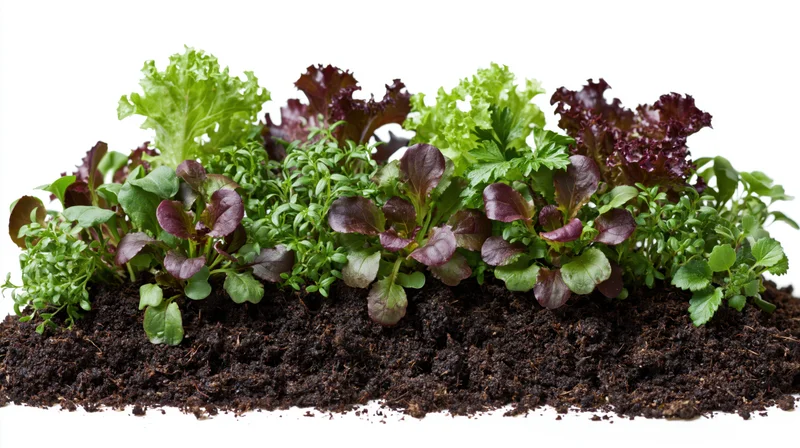 Mixed salad seedlings and herb sprouts growing in soil against white background