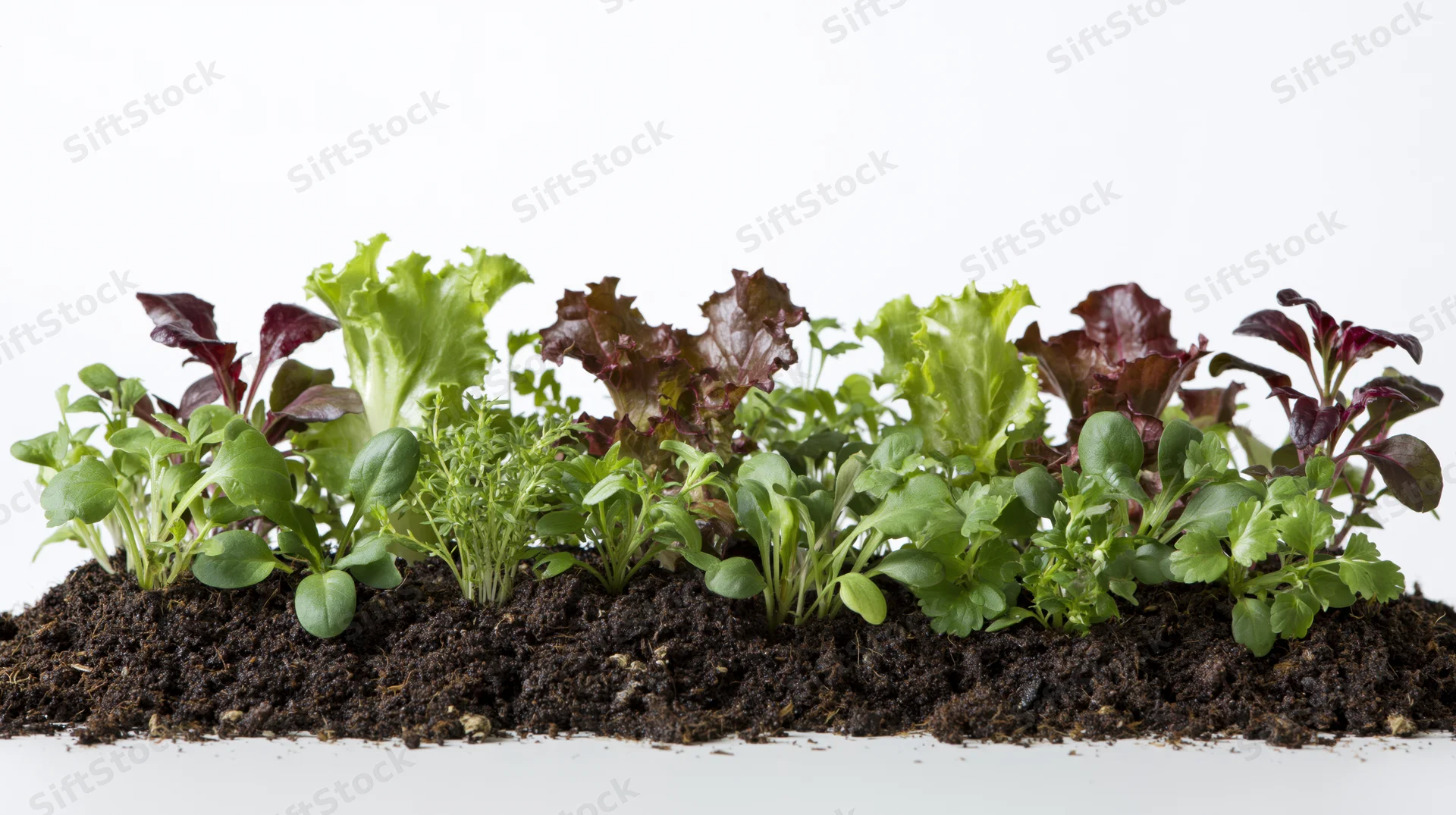 Row of mixed salad seedlings and herb sprouts growing in soil on white background