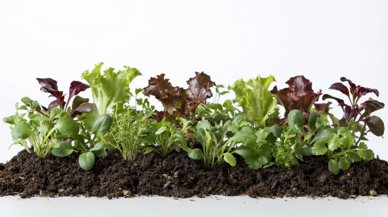 Row of mixed salad seedlings and herb sprouts growing in soil on white background