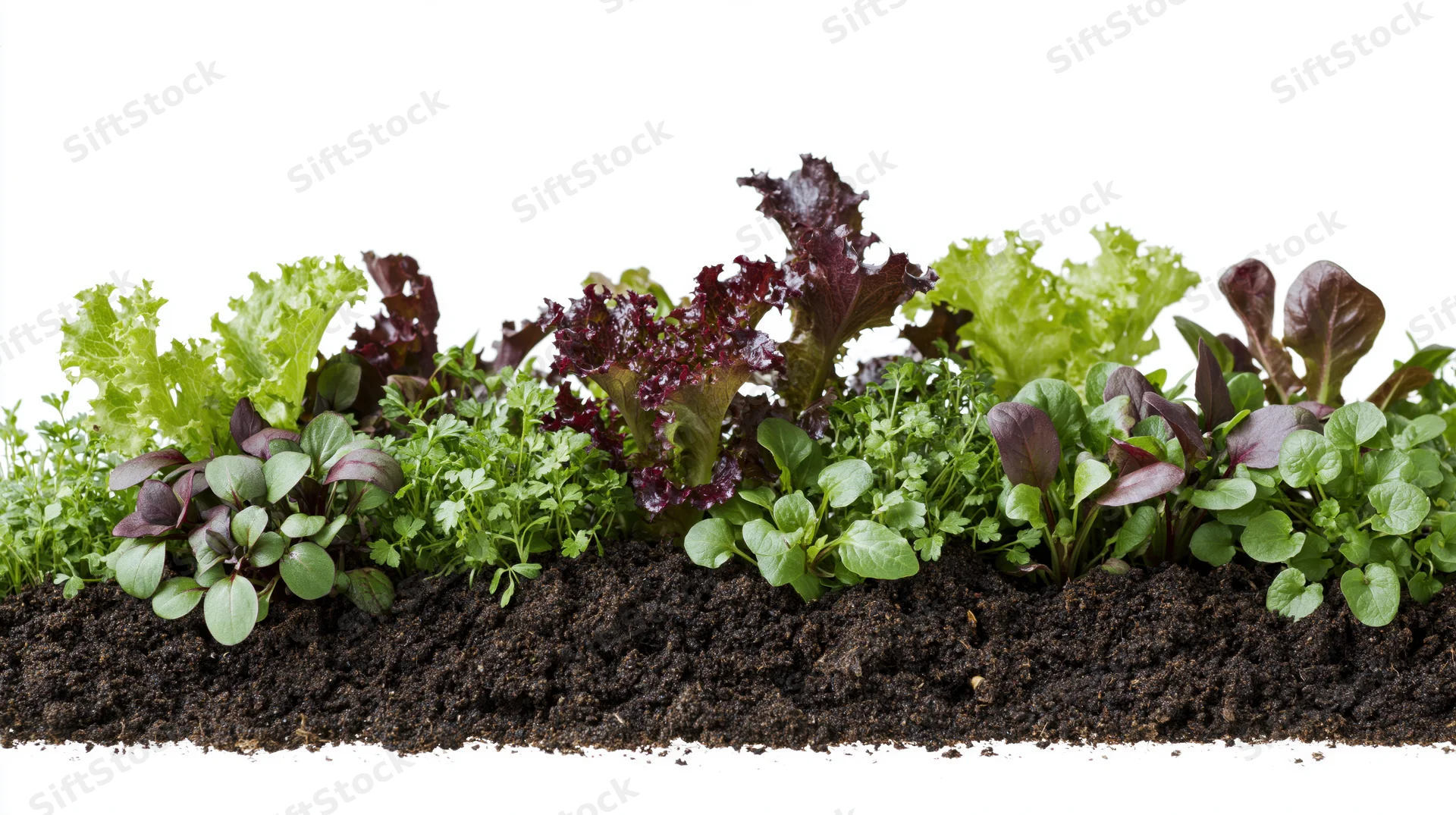 Row of mixed salad seedlings and herb sprouts growing in soil against white background