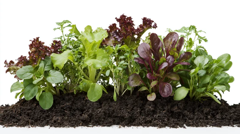 Mixed salad seedlings and herbs growing in soil against white background