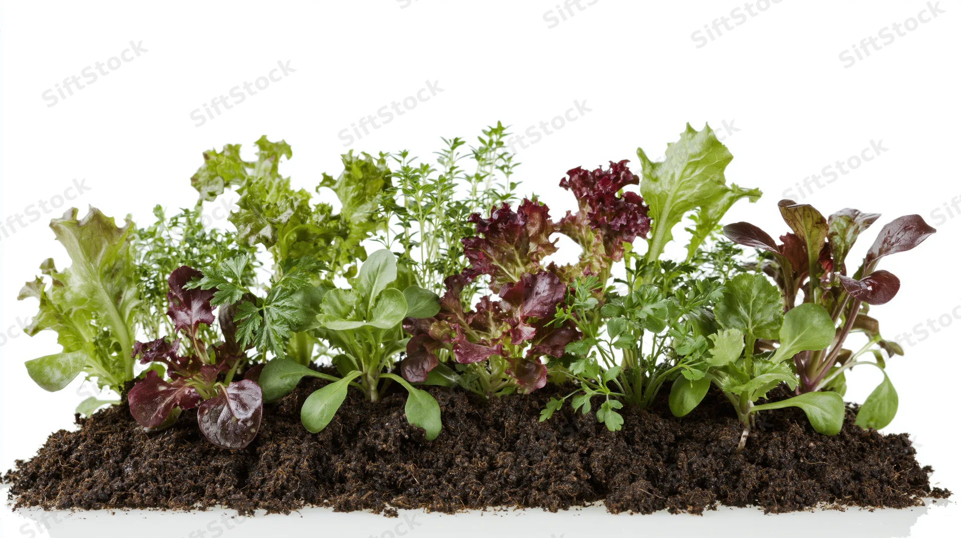 Mixed salad seedlings and herbs growing in soil on white background