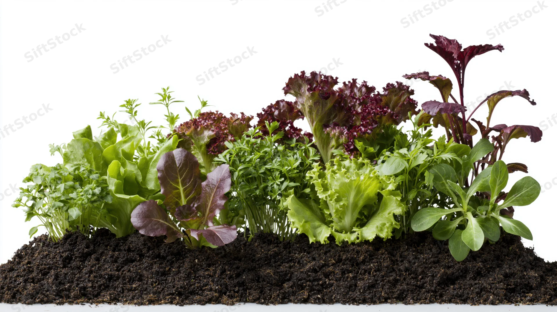 Mixed salad seedlings and herbs growing in soil against white background