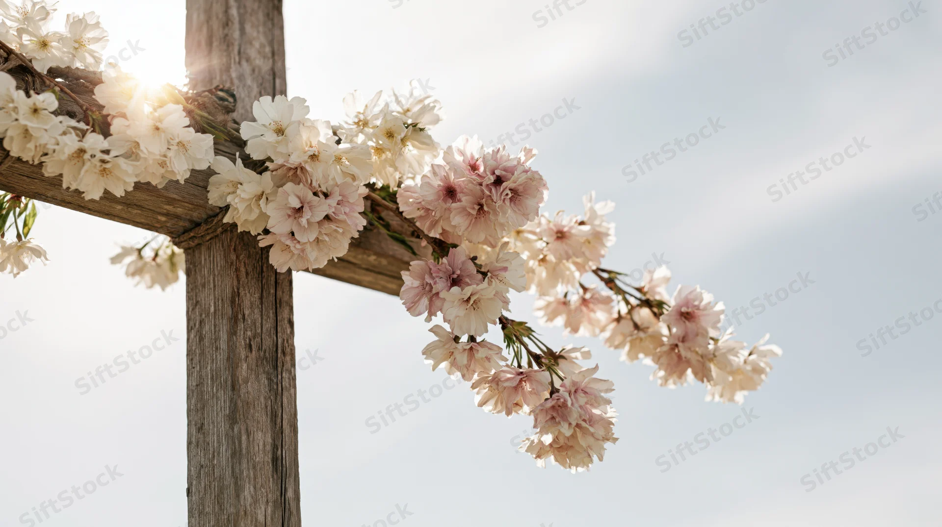 Rustic wooden cross adorned with blooming cherry blossoms against a soft sky